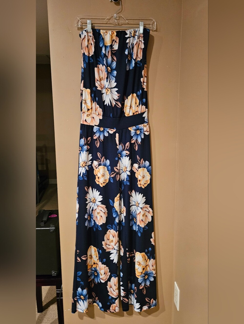 Navy Floral Wide-Leg Jumpsuit with Peach & White Blooms